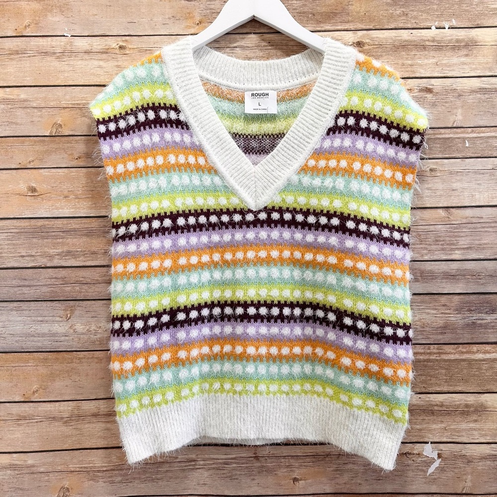 Rough Los Angeles Sweater Vest Women’s Size Large Multicolor Fuzzy V-Neck
